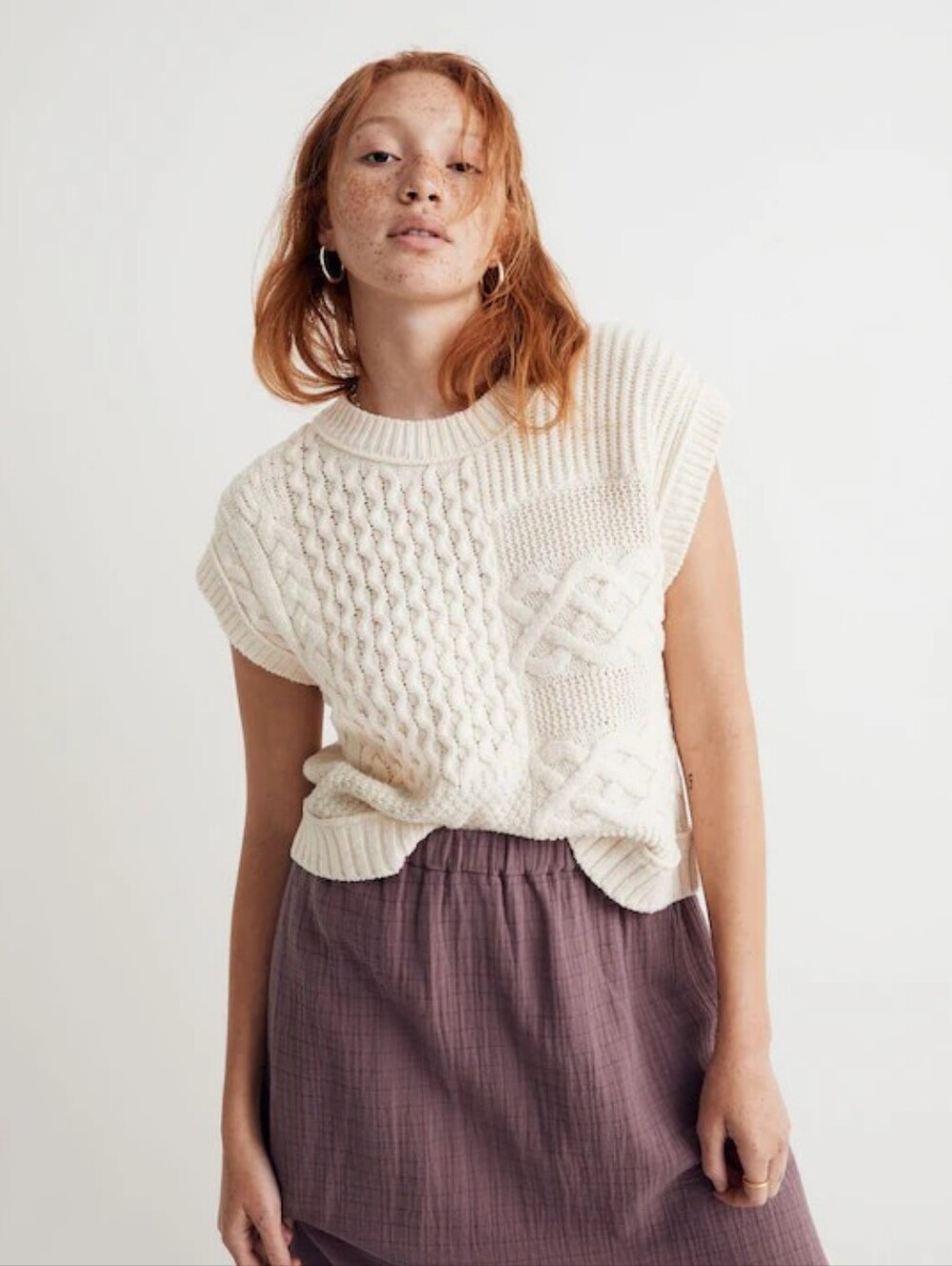 Madewell Patchwork Sweater Vest, Cream, Size Small